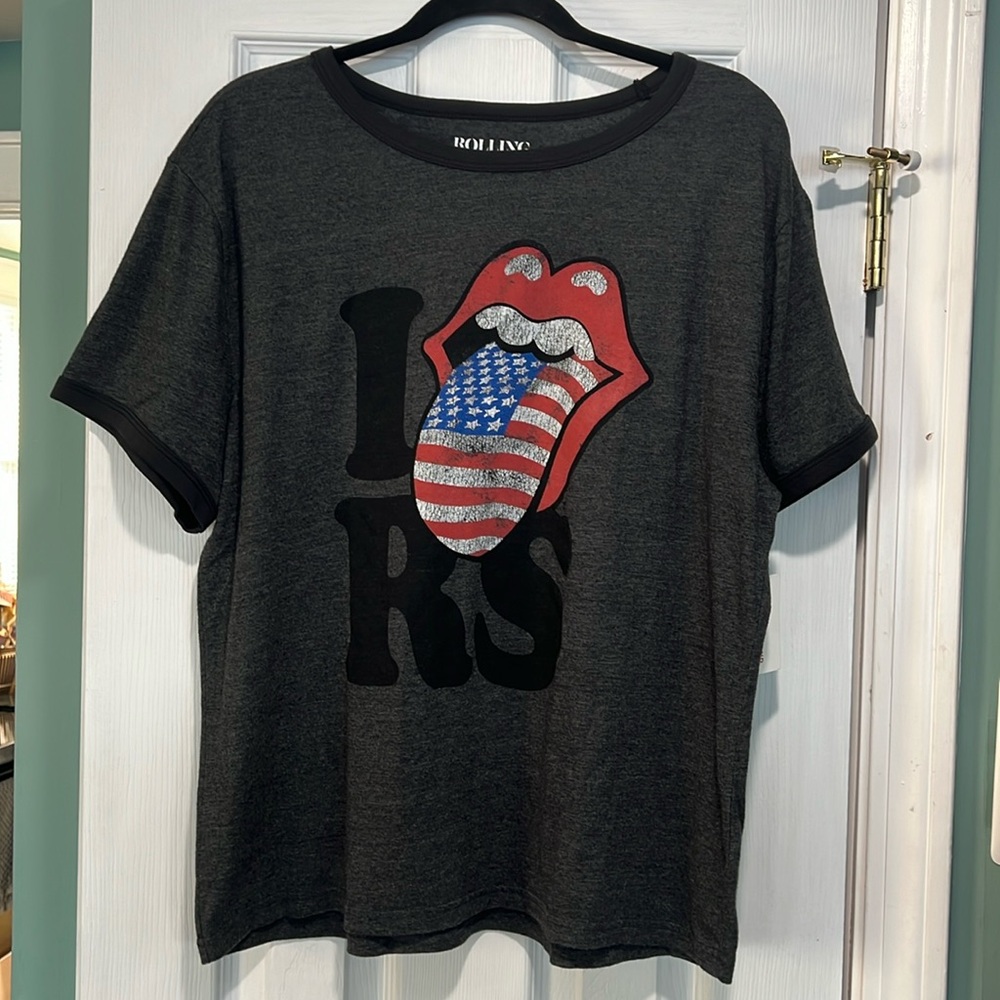 Lucky Brand Rolling Stones Tshirt size Large gray black USA America flag